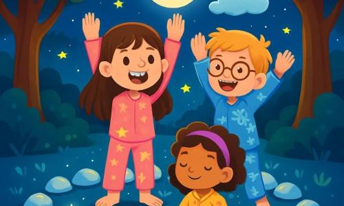 Există 3 personaje: - Iulia: o fetiță de 7 ani, cu părul lung și brunet și ochi strălucitori. Poartă un pijama roz cu stele și zâmbește fericită stând în cercul de pietre. - Andrei: un băiat de 8 ani, cu părul blond zbârlit și ochelari rotunzi. Poartă un pijama albastru cu desene de rachete și face o postură de prieten, cu brațele ridicate, lângă Iulia. - Maria: o fetiță de 6 ani, cu părul creț și o bentiță violet. Poartă un pijama galben cu motive florale și stă în fund, cu mâinile pe genunchi, în fața lui Iulia și Andrei. Locul se află într-o poiană magică, iluminată de lumina blândă a lunii. Pământul este acoperit cu pietre strălucitoare care scintilează ca stelele. Copacii măreți înconjoară spațiul, frunzele lor dansând ușor în ritmul vântului. Cerul este presărat cu stele sclipitoare, creând o atmosferă pașnică și feerică. Situația principală a poveștii arată copiii făcând posturi de yoga, înconjurați de pietre luminoase. Ei râd și se simt în siguranță, în timp ce un nor alb mic plutește deasupra lor, pregătit să le șoptească cuvinte dulci pentru a-i ajuta să adoarmă liniștiți.