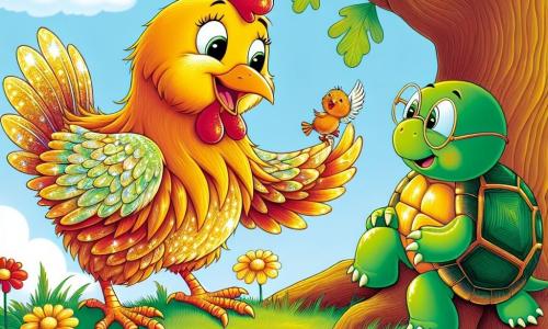 A joyful chicken named Clara, with shiny golden feathers and a big smile, is perched on a branch of a large oak tree. She has sparkling eyes full of excitement and seems ready to help. Beside her, a wise old turtle named Timmy, with a green shell and round glasses, looks on encouragingly. He is sitting on the grass just below the tree, smiling up at Clara. The setting is a sunny garden filled with colorful flowers gently swaying in the wind, with a clear blue sky in the background. The main scene shows Clara freeing a small bird trapped in the branches, surrounded by green leaves, creating an atmosphere of adventure and camaraderie.