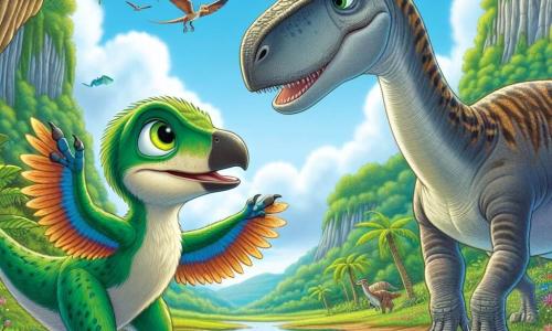 Un vélociraptor numit Raptorin, cu pene verzi strălucitoare și ochi sclipitori, stă la marginea unei fante în sol, privindu-l cu curiozitate și determinare. Pare curajos, pregătit să exploreze necunoscutul. Lângă el, un brontosaurian uriaș numit Bronto, cu un gât lung și o piele moale de culoare gri, se apleacă pentru a-l încuraja, afișând un zâmbet binevoitor. Decorul este o vale verde, presărată cu flori colorate și copaci mari, cu un cer albastru deschis și câțiva nori pufoși plutind deasupra. Situația principală arată cum Raptorin și Bronto se pregătesc să descopere o sursă de apă ascunsă, cu o strălucire de excitație în ochii lor, simbolizând prietenia și spiritul lor de aventură.