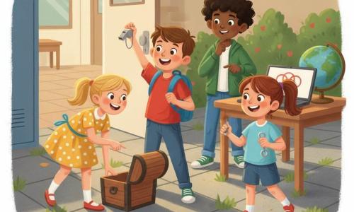 Vier Kinder: ein etwa 10-jähriger Junge mit kurzen braunen Haaren, rotem T‑Shirt und blauem Rucksack, hält in der rechten Hand ein silbernes Pfeifchen und steht leicht links der Mitte, fröhliches Gesicht; ein etwa 9‑jähriges Mädchen mit blonden Zöpfen, gelbem Kleid mit weißen Punkten, beugt sich nach links und zeigt eine offene kleine Truhe, neugieriger Blick; ein etwa 10‑jähriger Junge mit lockigen schwarzen Haaren, grüner Jacke und Jeans, zeigt auf einen Computerbildschirm auf einem Tisch im Hintergrund, nachdenkliche Haltung; ein etwa 9‑jähriges Mädchen mit kastanienbraunen Haaren zu einem Pferdeschwanz gebunden, hellblauem T‑Shirt und roten Turnschuhen, hält einen kleinen glänzenden Metallschlüssel und steht vorne rechts, lächelnd. Ort: sonniger Schulhof in sanfter Dämmerung, graue Steinplatten mit Grasflecken, einige grüne Büsche und ein Globus auf einem Holztisch im Hintergrund, geöffnete Klassenzimmertür mit Blick auf cremefarbene Flure und einen Computer, der ein rotes Symbol mit drei Kreisen zeigt. Szene: Die vier jungen Detektive haben gerade ein verstecktes Pfeifchen in einem geöffneten Schließfach gefunden; Entdeckungs‑ und Triumphmoment, begeisterte Mienen, lebhafte Gesten, weiche Schatten, Gouache‑Stil mit warmen Farben und leicht strukturierten Konturen, fröhliche, verspielte Atmosphäre.