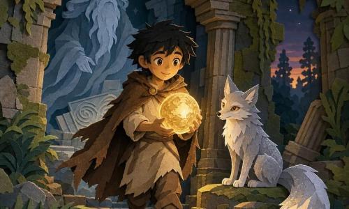 Der Protagonist ist ein junger Junge, entschlossen und staunend, mit rundem Gesicht, zerzausten schwarzen Haaren und einfacher Leinentunika sowie abgenutztem braunem Mantel, der in beiden Händen eine goldene Lichtkugel hält; neben ihm auf einem moosigen Felsen sitzt ein silberner Kitsune-Fuchs mit klugem Blick und buschigem Schwanz, hinter ihm schwebt als durchsichtiger Geist ein alter weiser Magier mit langer weißer Bart, alles in den Ruinen eines Tempels im Unterholz mit umgestürzten Säulen, Moos, Farnen und herabhängenden Lianen, die goldene Kugel vertreibt die blauen Schatten des Zwielichts und schafft eine warme, magische Atmosphäre mit starkem Kontrast zwischen hellem Gold und kalten Schatten.