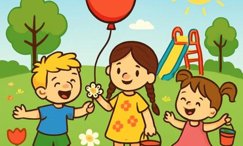 Es gibt 3 Charaktere: - Lina: ein 6-jähriges Mädchen mit langen braunen Haaren und Zöpfen. Sie trägt ein gelbes Blumenkleid und hält einen roten Ballon. Sie steht in der Mitte und lächelt. - Paul: ein 7-jähriger Junge mit zerzausten blonden Haaren. Er trägt ein blaues T-Shirt und grüne Shorts. Er steht links, lacht und zeigt eine Blume. - Mia: ein 5-jähriges Mädchen mit kastanienbraunen Haaren und Zöpfen. Sie trägt ein rosa Kleid und hält einen kleinen Eimer. Sie steht rechts und springt vor Freude. Der Ort ist ein sonniger Park, gefüllt mit bunten Blumen: roten Tulpen, weißen Gänseblümchen und gelben Sonnenblumen. Es gibt grüne Bäume mit glänzenden Blättern und einen hellblauen Himmel mit einigen weißen, flauschigen Wolken. Im Hintergrund sieht man eine große Schaukel und eine bunte Rutsche. Die Hauptsituation zeigt die Kinder, die zusammen spielen, lachen und sich unter der Sonne amüsieren. Lina wirft ihren Ballon zu Paul, der versucht, ihn zu fangen, während Mia fröhlich um sie herumtanzt.
