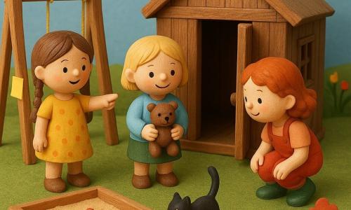 Drie meisjes: Sara (7) met bruine vlechten en een geel stipjesjurkje staat links bij de schommel en wijst naar het huisje; Maaike (6) met kort blond haar, lichtblauwe trui en groene rok staat voor de deur van het houten huisje en houdt een bruin knuffelbeer vast; Lotte (8) met rood krullend haar, een rode tuinbroek en groene laarzen hurkt rechts en kijkt naar een zwart katje dat wegloopt. Locatie: een buurt-tuintje als houten diorama op een tafel met groene grastextuur, touw- en houten schommel links, vierkant zandbak met gekleurde schep vooraan, bruin houten huisje met een kier in de deur rechtsachter, een paar vereenvoudigde bloemen en een zachtblauwe hemel op de achtergrond. Situatie: de drie jonge detectives hebben de deur van het huisje geopend en vinden het knuffelbeer op de grond nabij het weglopende katje; zacht licht valt door de deur, er zitten gekleurde post-its op de schommel en de rand van de zandbak, en de meisjes hebben opgeluchte, avontuurlijke gezichten.