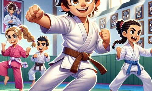 In un dojo luminoso, un ragazzo di dodici anni di nome Marco, con i capelli castani disordinati e un gi bianco, si allena con determinazione, i pugni stretti, pronto a combattere. Alla sua destra, la sua migliore amica Sara, una ragazza con capelli biondi intrecciati, indossa un gi rosa e lo incoraggia con un grande sorriso, le braccia alzate in segno di sostegno. A sinistra, Luca, un ragazzo con capelli neri e occhi vivaci, in tenuta da karate blu, si riscalda facendo movimenti rapidi, pronto a unirsi a Marco sul tatami. Il dojo è pieno di tatami verdi e muri decorati con medaglie e foto di campioni di karate, creando un'atmosfera dinamica e motivante. Raggi di luce filtrano dalle finestre, illuminando la scena. Marco è in azione, eseguendo un calcio spettacolare, mentre i suoi amici lo osservano con ammirazione, illustrando lo spirito di squadra e la passione per il karate.