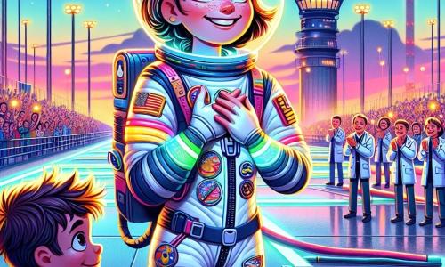Un'astronauta donna, Stella, con un casco lucente e una tuta spaziale bianca decorata con toppe colorate, sorride con occhi brillanti di eccitazione. Si trova in piedi sulla pista di atterraggio, con le braccia aperte, esprimendo una gioia splendente dopo il suo ritorno dallo spazio. Accanto a lei, un ragazzino di circa 8 anni, con i capelli castani arruffati e gli occhi sbalorditi, la guarda con ammirazione, le mani sui fianchi, come se sognasse di diventare astronauta anche lui. Sullo sfondo, una folla di tecnici e scienziati applaude, alcuni tengono striscioni colorati con messaggi di benvenuto. Il luogo è un centro spaziale moderno, con un cielo crepuscolare tinto di sfumature di rosa e arancione, e luci scintillanti degli edifici in vetro e metallo che circondano la pista. La scena è piena di energia e felicità, con stelle che iniziano a brillare nel cielo sopra. Stella racconta le sue avventure nello spazio al giovane ragazzo, affascinato dalle sue storie, mentre gli applausi della folla risuonano intorno a loro, creando un'atmosfera di celebrazione e sogno.