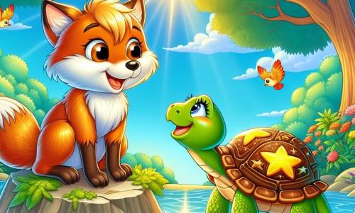 Rufus, un giovane volpe dal pelo dorato, si trova al bordo di un lago scintillante, con gli occhi pieni di curiosità e meraviglia. Guarda con entusiasmo una grande tartaruga saggia, dal guscio decorato con motivi stellati, che gli sorride benevolmente, seduta su una pietra piatta al centro dell'isola. La tortuga, calma e serena, sembra pronta a condividere la sua saggezza con Rufus. Il panorama è una foresta incantata, con alberi maestosi dalle foglie verde smeraldo, fiori colorati che danzano al vento e un cielo azzurro chiaro punteggiato di nuvole soffici. Il lago, di un blu cristallino, riflette il sole, creando bagliori di luce che illuminano la scena. Rufus sta ponendo una domanda alla tartaruga, cercando risposte sul senso della vita, mentre uccelli colorati volano gioiosamente attorno a loro, aggiungendo un tocco di magia a questo incontro filosofico.