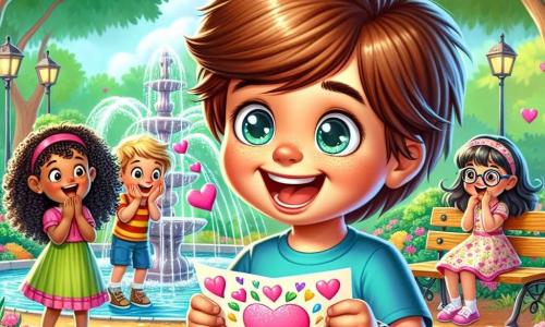 Un niño de 8 años, Lucas, con cabello castaño y ojos brillantes, sonríe alegremente sosteniendo una carta rosa decorada con corazones. Lleva una camiseta azul y un pantalón corto amarillo, rodeado de sus amigos en un parque colorido. Ana, una niña de 8 años con cabello largo y rizado, está a su lado, levantando los brazos con entusiasmo mientras sostiene otra carta. Sofía, otra niña de 8 años con gafas y un vestido de flores, se encuentra un poco más atrás, sonrojada de felicidad al mirar a Lucas. El parque está lleno de grandes árboles verdes, flores brillantes y una bonita fuente en el centro, donde el agua brilla bajo el sol. Bancos de madera y columpios añaden a la atmósfera alegre del lugar. La escena representa el momento en que Lucas descubre la carta rosa y anuncia a sus amigos que ha encontrado un mensaje especial para ellos, creando un ambiente de camaradería y alegría para la fiesta de San Valentín.