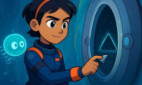 Amaya, joven de unos 16 años, de rasgos decididos y curiosos, pelo corto negro con cinta, ojos grandes y expresión concentrada con leve sonrisa, flota en un traje espacial de buceo azul oscuro con detalles naranja y coloca una pequeña sonda plateada en una ranura triangular de un gran arco oscuro; a su izquierda, Nilo, la inteligencia de a bordo, aparece como un pequeño holograma orbe azul verdoso que emite líneas de datos; detrás, una cápsula ovalada plateada está atracada con la puerta abierta y luces visibles, y una baliza roja parpadea en la muñeca de Amaya; la escena sucede en el océano subterráneo de Europa, en una cavidad vertical de paredes de hielo translúcido con vetas turquesa y doradas y partículas bioluminiscentes flotando, mientras el arco antiguo comienza a iluminarse en azul verdoso, el agua vibra en ondas concéntricas y se abre en su centro una ventana negra que muestra un destello de extrañas estrellas, ambiente misterioso pero seguro dominado por azules profundos, turquesas y toques naranja cálido.
