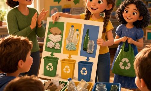 Ein fröhliches, konzentriertes 8‑jähriges Mädchen mit braunen Zöpfen, grünen Augen, gelbem T‑Shirt und Jeans hält ein großes buntes Schild „Papier/Plastik/Glas“ und zeigt eine Plakattafel; daneben etwas rechts hinten steht Mia, etwa 8, lächelnd, helle Haut, lockiges schwarzes Haar, blaues Kleid, mit einer grünen Recyclingtasche; links eine wohlwollende Lehrerin Mitte 30 mit zusammengebundenem braunem Haar, Brille und grünem Pullover applaudiert; helle Klassenraumkulisse mit Holztischen, bunten Postern, beschrifteten grünen/gelben/blauen Recyclingbehältern im Vordergrund und großem Fenster mit weichem Morgenlicht; Workshop zum Mülltrennen, Kinder schauen und lachen, Papierfetzen, Plastikflasche und Glasgefäß liegen bei den Behältern; lebhafte Kontrastfarben, weiche 3D‑Animationsästhetik, warmes Licht, leichte Tiefenschärfe, optimistische dynamische Stimmung.