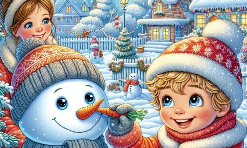 A 5-year-old boy named Max, with blonde hair and sparkling blue eyes, is building a large snowman in a snowy garden. He is wearing a bright red snowsuit and a wool hat, displaying a big joyful smile on his face. Next to him, his mother, a woman in her thirties with her brown hair tied up in a bun, encourages him with a warm look while holding a cup of hot chocolate. The garden is filled with sparkling snow, with trees covered in frost and snowflakes gently falling from the light blue sky. In the background, colorful houses are decorated with string lights, creating a festive atmosphere. Excited, Max places a carrot on the snowman's face while his mother watches him proudly, sharing a moment of family happiness in this enchanting winter landscape.