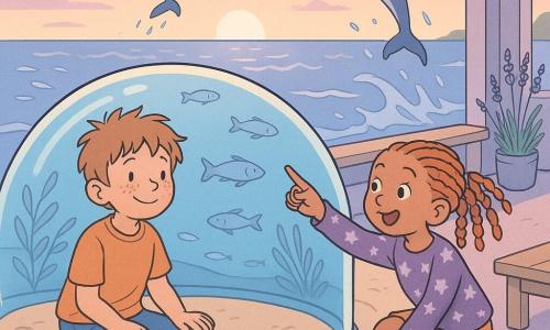 A 10-year-old boy, Milo, round face with freckles, tousled brown hair, calm wonder and slight smile, sits with his hands on the curved glass of a marine bubble; a 9–10-year-old girl, Zara, with colorful braids and a star-patterned shirt, crouches beside him, pointing at a dolphin leaping. The Sea Dome is a large transparent glass bubble half-buried in sand, bathed in soft blue light with calm waves, silver fish and dolphins jumping just outside the curved wall. Around them are light wooden benches, pastel plush rugs and lavender plants along a pale violet path seen through the door, a few distant seated figures. Scene: two awed children watching dolphins leap against the Sea Dome at sunset, peaceful mood, pastel blues and violets, soft rounded lines and warm light filtering through the glass.