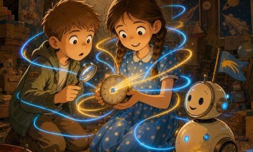 Mira, an 8-year-old girl with brown hair in pigtails, big bright eyes, wearing a blue polka-dot dress, delicately holds a small shiny pewter clock with her hand on its comet-shaped hand; Pip, about 8, with a round serious face and short light-brown hair in a khaki jacket, stands left of Mira holding a magnifying glass and looking at the clock in amazement; Tilly, a small round cream-colored guide robot with a painted smile and a comet flag on its back, rolls to their right emitting small blue and yellow LEDs; they are in a warm dusty attic with wooden floorboards, a skylight casting golden rays through dust, cardboard boxes, old toys and posters; the clock's light has just turned on, sending thin golden and blue ribbons from the comet hand that gently envelop Mira and Pip, their expressions joyful and wonder-filled, a soft magical atmosphere contrasting warm wood tones with cool neon ribbons.