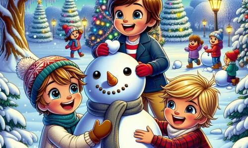 No centro da imagem, Tomás, um menino de seis anos com cabelos castanhos bagunçados e um grande sorriso, está moldando um boneco de neve. À sua direita, Miguel, outro menino de seis anos com óculos redondos e um gorro vermelho, ri enquanto enrola uma bola de neve. À esquerda, Lucas, um menino de seis anos com cabelos loiros e bochechas rosadas, segura uma cenoura que está prestes a colocar como nariz no boneco de neve. O cenário é um parque invernal encantador, com árvores majestosas cobertas de neve cintilante, luzes coloridas brilhando na noite e um céu estrelado que adiciona um toque de magia. O solo está coberto por uma espessa camada de neve, e um grande carvalho se ergue ao fundo, com seus galhos carregados de neve. A cena principal mostra os três amigos unidos em sua alegre missão de construir um boneco de neve mágico, com uma pedra brilhante em forma de coração pronta para ser colocada no centro de seu torso, enquanto trocam risadas e incentivos, cheios de excitação e amizade.