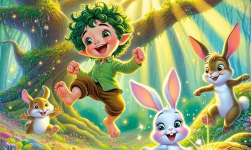 Un lutin pe nume Lupo, un băiat mic cu urechi ascuțite și păr creț de culoare verde, dansează vesel în mijlocul unui câmp de flori strălucitoare, fața lui radiază fericire și uimire. Alături de el, Zippy, un iepuraș tânăr cu urechi mari și blană albă, sare cu entuziasm, ochii săi strălucind de curiozitate, în timp ce Tilly, o broască țestoasă cu carapace colorată, îi observă zâmbind, stând ușor înapoi. Scena se desfășoară într-o pădure fermecată, unde copacii majestuoși cu trunchiuri groase se ridică spre cer, frunzele lor strălucind ca smaraldele la soare. Flori multicolore dansează în vânt, iar un rază blândă de lumină filtrează printre ramuri, creând o atmosferă magică și călduroasă. Lupo, Zippy și Tilly descoperă împreună Piatra Fermecată, o piatră strălucitoare care emite o lumină aurie, simbolizând speranța și magia, în timp ce sărbătoresc prietenia lor în inima acestei naturi de basm.