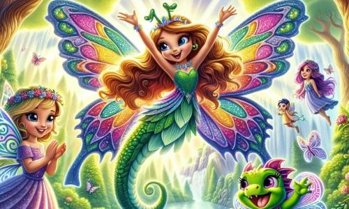 În centrul imaginii, Lila, o flutură colorată cu aripi strălucitoare în toate nuanțele curcubeului, zboară veselă cu un zâmbet mare pe față. Are ochi sclipitori și părul lung și ondulat care flutură în vânt. În dreapta ei, Drago, un dragon mic cu solzi verzi și ochi blânzi, dansează cu entuziasm, arătându-și fericirea de a fi acceptat de noii săi prieteni. Are un zâmbet cald și aripile îi sunt ușor desfăcute, pregătite să zboare. În stânga, Sara, o zână delicată cu părul auriu și o rochie strălucitoare, aplaudă cu uimire, cu ochii strălucind de bucurie. Radu, un broscoi verde cu un aer curios, sare pe o piatră, râzând și încurajându-l pe Drago să continue să danseze. Scena se desfășoară într-o pădure fermecată, cu copaci majestuoși și frunze strălucitoare de verde, în jurul unui mare copac decorat cu flori colorate. Razele soarelui filtrează printre frunziș, creând o atmosferă magică și călduroasă. Situația principală arată cum Lila și prietenii ei sărbătoresc prietenia lor la o petrecere veselă, învățând să accepte diferențele și să se distreze împreună, ilustrând astfel tema toleranței și acceptării.