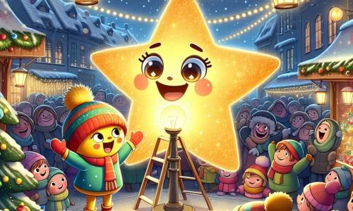 In der Mitte schwebt ein kleiner Weihnachtsstern namens Sternchen mit einem lächelnden Gesicht und funkelnden Augen in der Luft, erleuchtet von einem sanften goldenen Licht. Er ist umgeben von glitzernden Schneeflocken und tanzt fröhlich am Himmel. Rechts von ihm ermutigt Glimmer, ein kleiner, farbenfroher Lichthalter in Lampenform mit strahlendem Lächeln, ihn enthusiastisch mit erhobenen Armen. Im Hintergrund schauen eine Gruppe fröhlicher Kinder, eingehüllt in bunte Schals, fasziniert auf die Szene, ihre Gesichter erleuchtet von der Magie von Weihnachten. Die Kulisse ist ein zauberhafter Weihnachtsmarkt mit Ständen, die mit Lichterketten geschmückt sind, Tannenbäumen, die mit bunten Kugeln geschmückt sind, und einem sternenklaren Nachthimmel, wo der Schnee sanft fällt und eine warme, festliche Atmosphäre schafft. Die Hauptsituation zeigt Sternchen und Glimmer, die die Lichter eines großen Weihnachtsbaums reparieren, während die Kinder und Erwachsenen sie bewundernd anblicken, erfüllt von Aufregung und Freude, und gemeinsam den Geist von Weihnachten feiern.