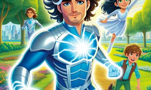 Maximus Bliksem, een man met lang golvend haar, draagt een schitterend superheldenkostuum in blauw en zilver, met een glans in zijn ogen. Hij heeft een vastberaden en zelfverzekerde uitdrukking en werpt een krachtige lichtstraal de lucht in, klaar om het kwaad te bestrijden. Luna, een meisje van ongeveer 10 jaar, heeft lang zwart haar en draagt een zilveren jurk die schittert als de maan. Ze zweeft in de lucht met uitgestrekte armen en kijkt geconcentreerd naar de scène. Sam, een jongen van 9 jaar, heeft rommelig blond haar en een ondeugende glimlach. Hij rent snel om Maximus heen en laat een spoor van licht achter zich, klaar om zijn vriend te helpen. De scène speelt zich af in een groen park in de stad Wonderhaven, waar hoge majestueuze bomen staan en de lucht helderblauw is met donzige witte wolken. Kleurrijke bloemen omringen het pad en in de verte spelen kinderen, onbewust van het dreigende gevaar. De belangrijkste situatie toont Maximus en zijn jonge vrienden die samen staan tegenover de mysterieuze dreigende schaduw die het park in duisternis wil hullen. Samen gebruiken ze hun krachten om de stad te beschermen en het licht te herstellen, wat de kracht van vriendschap en teamwork illustreert.