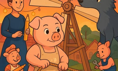 One of the Three Little Pigs (main character): pale pink male pig with soft round features, bright hazel eyes, determined kind expression, wearing a flour-stained beige baker's apron, holding a rope to help secure beams, standing in the foreground, active and focused; The Queen (secondary, adult woman): about 40, simple midnight-blue dress, brown hair in a bun, calm smile, confident gaze, holding a large golden pencil and supervising from the left slightly behind; The Big Bad Wolf (secondary): tall athletic dark-gray wolf with softened surprised expression, gently blowing toward a large wind turbine blade to spin it, positioned on a hill to the right; The two other pigs (secondary): pastry piglet Prue with a large rolling pin, polka-dot dress and apron, softly laughing near a sack of flour; mechanic pig Pip with a wrench and blue overalls, tightening a bolt on a mill, both near the main pig; Setting: picturesque village construction site at dusk with new brick houses and timber trellises, hanging lanterns, wooden-and-metal windmill, warm stone ground and green grass, orange-purple sky; Main situation: collaborative building of a safe neighborhood — characters securing a beam, wolf directing wind to the turbine, optimistic warm atmosphere, saturated contrasting colors, clear lines, composition centered on cooperation.