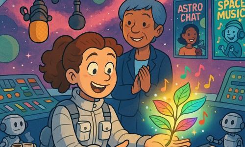 Dr. Lily, a fair-skinned woman with curly brown hair in a ponytail, stands center in a cozy, translucent bubble space-radio studio, eyes wide and smiling as she holds a small glowing rainbow-leaved plant that shimmers and emits colorful musical notes; Mira, 40, the studio director with short blue-gray hair in a navy suit, stands behind her at a glass podium applauding, while small silver rolling robots deliver cocoa and paper around them, glass walls reveal pink nebulae and green planets, and the scene is rendered in vivid colors, clean lines and soft textures in a landscape composition.