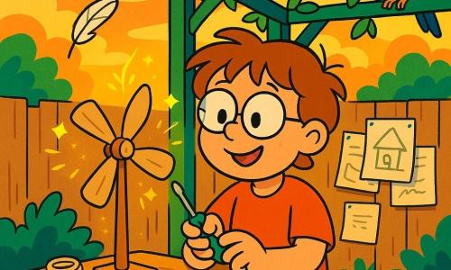 A man named Oliver with a round smiling face, tousled light brown hair and slightly askew round glasses, joyfully focused as he assembles a small wooden wind turbine with a screwdriver; a colorful blue-and-yellow bird perched on the green arbor watches and seems to encourage him while a stylized seagull flies overhead carrying a feather toward the turbine; an outdoor workshop under a green arbor with wooden planks, scattered tools (hammer, twine, magnifying glass), papers and sketches on a fence, warm sunset light, the mini turbine turning gently, breeze in the leaves and small yellow stars of creativity around the invention, vivid colors, thick outlines, hand-drawn textures, soft optimistic atmosphere