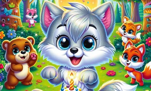 Wally, a small wolf with shiny silver fur and big sparkling blue eyes, stands at the center of the scene with a big smile on his face. He is surrounded by colorful decorations and floating balloons, holding a sparkling cupcake in his paws. To his right, Benny, a brown bear with soft round eyes, eagerly rubs his paws, excited to taste the cupcakes. He looks joyful and amused, with a slight smile showing his good mood. To Wally's left, Fiona, a bright red fox, jumps with excitement, her eyes shining. She holds a small sparkling treasure in her paws, ready to show it to her friends. The setting is an enchanted clearing in a colorful forest, with tall trees, vibrant green leaves, multicolored flowers, and a blue sky dotted with fluffy white clouds. The scene captures the moment Wally and his friends celebrate his birthday, filled with laughter and joy, ready to share cupcakes and go on a treasure hunt, creating magical memories together.