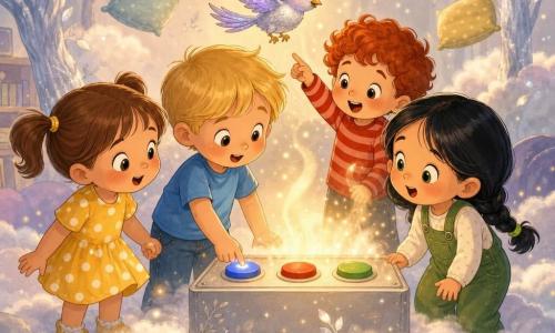 Há cinco personagens: Luna, menina de 4 anos, cabelos castanhos em maria-chiquinha, vestido amarelo de bolinhas brancas, segura a mão de Tom e olha para a caixa brilhante à esquerda; Tom, menino de 4 anos, cabelos loiros curtos, camiseta azul e jeans, ao centro, tocando um botão azul na caixa; Bia, menina de 4 anos, cabelos negros em trança, macacão verde, à direita, inclinada e maravilhada; Nuno, menino de 4 anos, cabelos ruivos cacheados, suéter listrado vermelho, atrás da caixa apontando para a luz que sobe; e um pássaro falante mágico, pequeno passeriforme prateado com reflexos violetas, voando acima da caixa. Local: sala transformada em nuvem mágica — tapete virou nuvem branca macia, paredes desfocadas que se misturam a árvores prateadas, almofadas coloridas flutuando, luz dourada quente saindo da caixa. Detalhes: caixa retangular brilhante com botões redondos coloridos (azul, vermelho, verde), pequenas faíscas douradas, folhas prateadas e brilho no ar. Situação: as quatro crianças cercam uma caixa que ativa uma viagem no tempo; a caixa emite um brilho quente e uma névoa sobe ao teto transformando o tapete em nuvem; atmosfera suave em tons pastéis, expressões de encantamento e gestos cuidadosos, sensação de magia segura e curiosa.