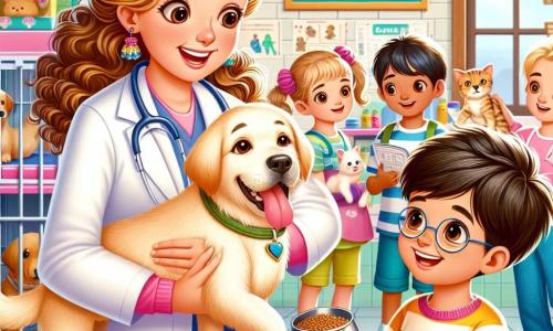 La Dottoressa Amore è una donna sorridente con lunghi capelli ricci, che indossa un camice bianco e ha uno stetoscopio al collo. È sommersa dagli abbracci di un Labrador dorato di nome Baffo, che scodinzola con entusiasmo. Accanto a lei c'è Marco, un bambino di circa 8 anni con occhiali tondi e capelli castani in disordine, che tiene un gattino tra le braccia, guardando la veterinaria con ammirazione. Un'altra bambina, Sofia, di 7 anni con due trecce bionde, si avvicina con una ciotola di croccantini, pronta a nutrire gli animali. La scena si svolge in uno studio veterinario luminoso, pieno di giocattoli per animali e poster colorati sui loro bisogni. La Dottoressa Amore spiega ai bambini come prendersi cura degli animali, mentre Baffo riceve coccole, creando un'atmosfera calorosa e amichevole.