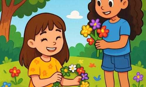 Există două personaje principale: Maria, o fată de 9 ani cu părul castaniu și drept, îmbrăcată într-o rochie galbenă cu flori, care stă pe iarbă, zâmbitoare, țesând o coroană de flori, și Ana, o fată de 9 ani cu părul lung și creț, îmbrăcată într-un tricou albastru și o pereche de pantaloni scurți din denim, care stă în picioare lângă Maria, ținând flori colorate în mâini, pregătită să le adauge la coroană. Locația este o mică poiană însorită, înconjurată de copaci verzi cu frunze strălucitoare, iar pe sol cresc flori sălbatice de toate culorile. Maria și Ana creează coroane de flori, râzând și împărtășind povești de vară, înconjurate de frumusețea naturii.