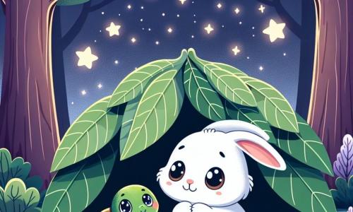 An illustration depicts a small bunny with soft white fur and large bright eyes, showing an expression of curiosity and relief. She sits in a small cave made of leaves, surrounded by a warm atmosphere. Next to her is a small turtle with a shiny green shell, wearing a reassuring smile, looking at the bunny kindly. The main setting is an enchanted forest under a starry sky, where stars twinkle like little lamps. The tall, majestic trees softly rustle in the night breeze, creating a peaceful and magical ambiance. The scene captures the bunny and turtle sharing a comforting moment in their cave, surrounded by the gentle darkness of night but illuminated by starlight. Additional graphic elements include bright stars in the sky, soft leaves forming a shelter, and a faint glow emanating from the stars, adding a touch of magic to the scene.
