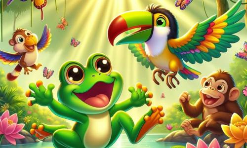 A shiny green frog named Benny, with big round eyes and a wide smile, is joyfully jumping on a lily pad, surrounded by colorful flowers and fluttering butterflies, expressing great excitement. Next to him, a colorful toucan named Tina, with a vibrant beak and bright feathers, is flying curiously, watching Benny with a friendly smile. In the background, a group of mischievous monkeys, with cheeky faces and brown fur, are playfully throwing bananas, adding a touch of craziness to the scene. The setting is a lush jungle filled with tall trees, dense foliage, hanging vines, and sunlight filtering through the branches, creating a magical and joyful atmosphere. The main situation shows Benny jumping to catch a rolling golden banana while the other animals enthusiastically cheer him on, ready to embark on a fun adventure together.