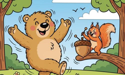 A round light-brown plush bear with a shiny black nose and rosy cheeks twirls on one paw, arms wide, smiling; beside it a small red squirrel with a bushy tail claps on a low branch with a shiny acorn drum between them in a sunny clearing of green grass and yellow flowers, rounded trees and a blue sky—the playful dance shows circular movements, laughter and footprints in the grass.
