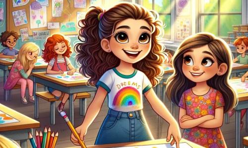 Una niña de 11 años, llamada Sofía, está en el centro de la imagen, con grandes ojos brillantes y una sonrisa radiante. Tiene el cabello rizado y marrón, recogido en dos coletas, y lleva una camiseta colorida con un diseño de lápices de colores y una falda de mezclilla. Sofía sostiene una gran hoja de papel en la que ha dibujado un paisaje soleado, simbolizando sus sueños. A su lado, Valeria, otra niña de 11 años, tiene el cabello largo y liso y lleva un vestido de flores. Está mirando el dibujo de Sofía con admiración, con las manos en las caderas y una sonrisa cómplice. El escenario es un aula luminosa, con paredes decoradas con dibujos de niños y carteles coloridos. Las ventanas dejan entrar la luz del sol, iluminando los escritorios de madera donde hay lápices, marcadores y cuadernos. La situación principal muestra a Sofía y Valeria trabajando juntas en su proyecto artístico, rodeadas de compañeros que las animan, creando una atmósfera alegre y colaborativa.
