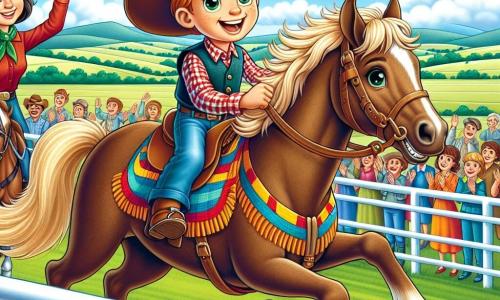 Un tânăr cowboy, Billy, un băiat de 10 ani cu părul castaniu deschis, poartă o pălărie mare de cowboy și o cămașă în carouri roșii și albastre. El are un zâmbet strălucitor pe față, arătându-și entuziasmul în timp ce călărește pe calul său loial, Sparky, un frumos armăsar brun cu coama aurie, care galopă cu energie. Lângă el, mama sa, o femeie de aproximativ 35 de ani cu părul lung și brun, poartă o rochie simplă și un fular colorat în jurul gâtului. Ea îi încurajează cu un zâmbet mândru, stând pe marginea pistei de curse, cu brațele ridicate în semn de susținere. Decorul este un câmp verde vast sub un cer albastru strălucitor, cu dealuri blânde la orizont și nori albi pufoși. Spectatorii sunt adunați în jurul pistei, aplaudând și încurajând participanții. Situația principală arată pe Billy și Sparky în plină cursă, pe cale să sară un obstacol, o piatră mare, cu hotărâre și entuziasm, ilustrând curajul și spiritul de aventură al tânărului cowboy.