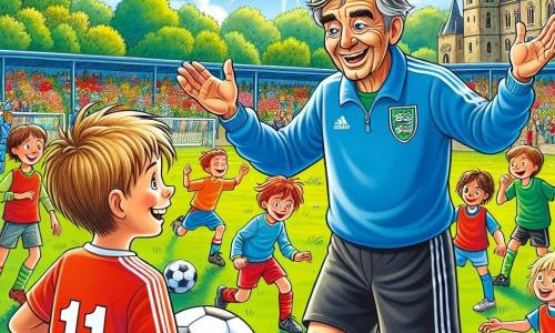 Im Mittelpunkt des Bildes steht ein Mann namens Jakob, ehemaliger Fußballspieler, auf einem grünen Fußballfeld. Er hat leicht ergraute braune Haare, ein warmes Lächeln und leuchtende Augen voller Leidenschaft. Gekleidet in ein blaues Fußballtrikot und schwarze Shorts, macht er eine ermutigende Geste mit offenen Armen, die Stolz und Freude ausstrahlt. An seiner Seite dribbelt ein etwa 10-jähriger Junge namens Tom einen Fußball. Er hat zerzauste blonde Haare, ein lächelndes Gesicht und trägt ein rotes Trikot. Tom schaut bewundernd zu Jakob auf, bereit, seine Ratschläge anzunehmen. Im Hintergrund versammelt sich eine Gruppe anderer Kinder, Jungen und Mädchen im Alter von 8 bis 12 Jahren, um Jakob, lacht und hat Spaß. Einige wärmen sich auf, andere unterhalten sich, was eine fröhliche und dynamische Atmosphäre schafft. Der Ort ist ein ehemaliges Fußballfeld, umgeben von großen, grünen Bäumen und bunten Blumen. Der Himmel ist blau mit einigen weißen Wolken, und die Sonne scheint, die Szene in warmes Licht tauchend. Die Hauptsituation zeigt Jakob, den Mentor, der seine Leidenschaft für den Fußball mit Tom und den anderen Kindern teilt, während sie sich auf ein Training vorbereiten, voller Aufregung und Begeisterung.