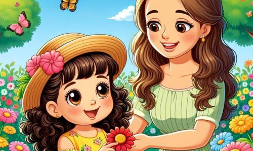 Una niña de 2 años, con grandes ojos brillantes y cabello rizado, lleva un vestido amarillo con flores y un sombrero de paja. Sonríe con asombro al tocar una flor suave en un jardín colorido. Su mamá, una mujer de unos 30 años con cabello largo y castaño, lleva un vestido ligero y está al lado de Ana, sonriendo y mostrándole otras flores. El jardín está lleno de flores brillantes de todos los colores, con mariposas volando alrededor y un cielo azul claro de fondo. Los árboles verdes bordean el jardín y el sol brilla alegremente. La escena principal muestra a Ana, maravillada por la belleza de las flores, tocando delicadamente una flor roja, mientras su mamá le explica cómo el sol las ayuda a crecer.