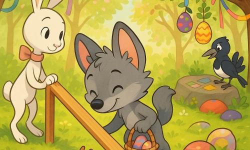 Luno, un pequeño lobo gris de pelaje suave y orejas redondas, sonríe concentrado sosteniendo una cestita de mimbre y oliendo un chocolate; el Caracol, con su concha nacarada, señala con paciencia un huevo oculto junto a Luno; la Coneja Blanca, una pequeña liebre de patas largas y lazo rosa, sujeta la rampa de madera a la izquierda para que Luno baje con cuidado un huevo alto; la Urraca, blanco y negra con un lazo amarillo en la cola, arregla papeles y pegatinas sobre una piedra; todo ocurre en una clara de cerezos con hojas verdes, piedras pintadas y guirnaldas de cintas, luz solar suave y pequeñas flores, mientras huevos de chocolate de colores cuelgan como frutos y los amigos se ayudan y miran sonriendo.