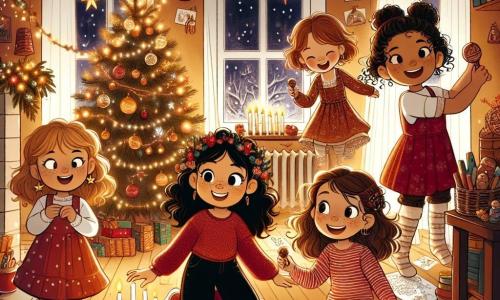 En el centro de la imagen, cinco niñas están juntas, radiantes de alegría. A la izquierda, Ana, una niña de 10 años con cabello rizado castaño, lleva un vestido rojo y sostiene un plato de pasteles navideños. Junto a ella, Sofía, una niña de 9 años con trenzas rubias, dibuja tarjetas de felicitación coloridas en una mesa. Valentina, de 11 años con cabello negro y gafas, cuelga guirnaldas brillantes del techo, sonriendo con entusiasmo. Clara, de 10 años con cabello castaño y pecas, baila alegremente con maracas. Finalmente, Lucía, la más pequeña con cabello corto y rizado, está sentada en el suelo, rodeada de velas encendidas, con los ojos abiertos de asombro. El escenario es un cálido salón de la "Casa de la Esperanza", lleno de decoraciones navideñas brillantes. Guirnaldas luminosas y estrellas de papel adornan las paredes, mientras un gran árbol de Navidad decorado con bolas coloridas y guirnaldas se erige en un rincón. La luz de las velas crea un ambiente suave y mágico, iluminando los rostros de las niñas. La situación principal muestra a las niñas preparando una fiesta navideña sorpresa para sus amigos, con risas y canciones que llenan el aire, ilustrando la magia y el espíritu de compartir de esta época festiva.