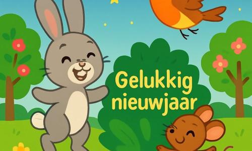 Een klein grijs konijntje genaamd Bobbie, met grote zachte oren en een witte neus, springt vrolijk in een groene weide met een grote glimlach van opwinding. Naast hem danst een klein muisje genaamd Mila, met een bruin vacht en sprankelende ogen, draaiend van blijdschap. Een roodborstje genaamd Pippa, met feloranje veren en glanzende vleugels, vliegt om hen heen en zingt vrolijk. De plek is een uitgestrekte zonnige weide, omringd door groene en bloeiende bomen, waar fonkelende sterren beginnen te verschijnen in de lichtblauwe lucht van de schemering. In het midden van de scène staan Bobbie, Mila en Pippa rond een groot groen blad, waarop in gouden letters "Gelukkig nieuwjaar" staat geschreven, terwijl ze samen de komst van het nieuwe jaar vieren in een feestelijke en warme sfeer.