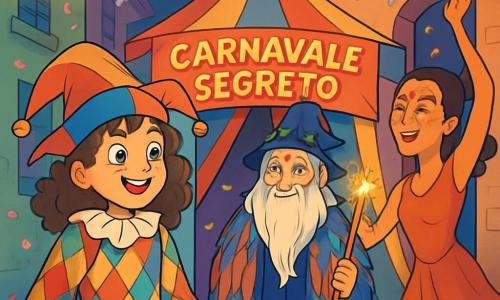 Una ragazza di 12 anni, Martina, con capelli castani ricci e occhi pieni di curiosità, indossa un costume da arlecchina dai colori vivaci, con pantaloni a rombi e un cappello buffo. Si trova davanti a una grande tenda colorata, con il viso illuminato dall'emozione. Accanto a lei, un vecchio mago di circa 70 anni, con un lungo mantello di piume multicolori e una barba bianca, sorride misteriosamente mentre tiene una bacchetta scintillante. Una donna con il viso dipinto da farfalla, di circa 30 anni, danza gioiosamente all'ingresso della tenda, aggiungendo un tocco di magia all'atmosfera. Il luogo è un vicolo stretto dietro i carri di carnevale, pieno di luci scintillanti, ghirlande di fiori e coriandoli che fluttuano nell'aria. Martina, meravigliata, è pronta a entrare nel "Carnaval Secret", circondata da colori vivaci e personaggi fantastici, mentre la musica festosa risuona in lontananza.