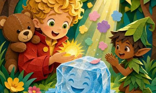 Un bimbo di 6 anni, Leo, capelli biondi ricci, occhi verdi, giacca rossa con bottoni gialli, sorride mentre tiene un piccolo raggio di sole dorato verso un grande blocco di ghiaccio a forma di volto; un orsetto marrone cucito, Toby, sulla sua spalla sinistra guarda complice; a destra un folletto di carta chiamato Filo, vestito di foglie verdi e cappello appuntito, batte le mani; radura forestale magica con alberi a strati, erba verde smeraldo e fiori, blocco di ghiaccio traslucido al centro che si scioglie sotto il raggio, piccole scintille di risata come nuvolette colorate e un petalo rosa sulla superficie; palette vivace (gialli caldi, verdi profondi, rossi vivaci, blu ghiaccio), texture da carta ritagliata, ombre morbide, atmosfera tenera e giocosa adatta ai bambini.
