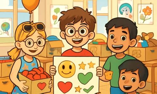 Ci sono 4 bambini: - Leo: un ragazzo di 10 anni, con capelli castani disordinati e occhiali rotondi. Indossa una maglietta rossa e pantaloni corti blu. Si trova al centro, sorridente, tenendo un grande cartello di cartone con parole di incoraggiamento. - Sara: una ragazza di 9 anni, con capelli biondi intrecciati e occhiali da sole sulla testa. Indossa un vestito a fiori colorati ed è a sinistra di Leo, tenendo una scatola piena di cuori di carta che ha fatto. - Marco: un ragazzo di 10 anni, con capelli neri corti e un sorriso splendente. Indossa una maglietta verde e jeans. Si trova a destra di Leo, mentre distribuisce biscotti fatti in casa ad altri bambini. - Amira: una ragazza di 9 anni, con capelli lunghi e ricci, che indossa un foulard colorato. È leggermente indietro, mentre disegna immagini di pace su un grande foglio di carta, circondata da pastelli. La scena si svolge in un'aula luminosa, decorata con disegni di bambini appesi alle pareti. Scatole di cartone sono impilate sui tavoli, piene di vestiti e giocattoli. Palloncini colorati fluttuano sul soffitto e uno striscione con la parola 