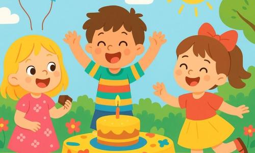 Ci sono 3 personaggi: Anna, una bambina di quasi 3 anni con capelli biondi e occhi scintillanti, indossa un vestito rosa con motivi floreali e sorride felice tenendo un pezzo di torta; Luca, un ragazzo di 3 anni con capelli castani disordinati e una maglietta a righe colorate, sta ballando entusiasta vicino ad Anna; Sofia, una bambina di 3 anni con capelli castani e un grande fiocco rosso, fa una piroetta con un grande sorriso, un piccolo tamburello in mano, accanto a Luca. La scena si svolge in un giardino soleggiato, pieno di fiori colorati e verde, con un grande tavolo al centro, decorato con una tovaglia a motivi vivaci, palloncini fluttuanti e una torta deliziosa al centro, con una candela accesa. I bambini stanno giocando insieme a statue musicali, con espressioni di gioia ed eccitazione, pronti a fermarsi come statue mentre la musica risuona intorno a loro.
