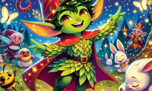 Ludo, un pequeño duendecillo de orejas puntiagudas y piel verde brillante, baila con gran alegría, sus ojos chispeando de felicidad y una amplia sonrisa en su rostro. Lleva un gorro rojo brillante y una capa hecha de hojas brillantes, mientras agita los brazos al aire, rodeado de luces centelleantes. A su lado, una abeja sonriente, con rayas doradas y alas translúcidas, vuela en círculo, trayendo luciérnagas que iluminan el cielo nocturno. Un grupo de conejitos de pelaje suave y blanco, con ojos curiosos, se afana en preparar tartas de frambuesa, con rostros radiantes de felicidad. La escena tiene lugar en un claro encantado del bosque, donde los majestuosos árboles están adornados con guirnaldas luminosas y el suelo está cubierto de flores coloridas. El cielo está lleno de estrellas brillantes que descienden danzando, creando una atmósfera mágica y festiva. Ludo y sus amigos celebran el Año Nuevo, rodeados de fuegos artificiales brillantes y risas, mientras se preparan para dar la bienvenida a un nuevo comienzo con corazones llenos de alegría y emoción.