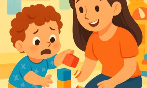 Un bambino di 2 anni, con capelli ricci e occhi vivaci, guarda una torre di blocchi colorati con espressione di curiosità e preoccupazione. Indossa una maglietta blu con stelle e pantaloni corti gialli. Accanto a lui, sua madre, una donna di circa 30 anni con capelli lunghi e castani, sorride dolcemente incoraggiandolo. È inginocchiata accanto a lui, pronta ad aiutarlo a costruire la torre. La scena si svolge in una stanza luminosa, piena di giocattoli colorati, con un tappeto morbido e muri dipinti di colori pastello. Raggi di sole filtrano da una finestra, illuminando i blocchi di legno sparsi attorno a loro. Il bambino prova a posizionare un blocco sulla torre, ma questa crolla, suscitando un momento di sorpresa. Sua madre lo rassicura con un sorriso caloroso, mostrandogli che può sempre riprovare.