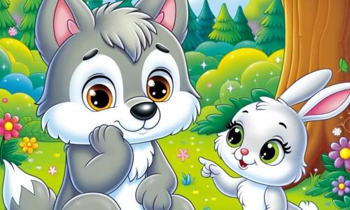 Lenny, a small wolf with soft gray fur, large bright eyes, and a shy smile, sits under a big tree, looking thoughtfully at the ground, his face expressing a mix of sadness and hope. Beside him, Bella, a small white bunny with big ears and sparkling eyes, looks at him with compassion, her front paws resting on the grass, ready to listen. The setting is a sunny forest, full of vibrant colors: bright flowers, shiny green leaves, and a clear blue sky with fluffy clouds gently floating. The main situation shows Lenny sharing his feelings with Bella as they prepare to gather all the animals in the forest for a meeting to discuss the importance of self-care and helping each other.