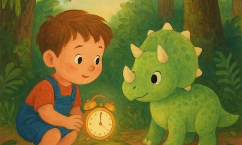 Hay dos personajes: Lucas, niño de 3 años de cabello castaño claro, mejillas redondas y ojos curiosos, con una pequeña peto azul y un despertador dorado brillante en la mano izquierda, situado a la izquierda de la imagen, agachado y mirando al dinosaurio; y Dino, un dinosaurio bebé presentado como personaje animal, de género neutro con rasgos suaves, un pequeño triceratops de escamas verde tierno y cuernos cortos crema, ojos grandes y amigables, a la derecha, de pie sobre tres patas e inclinando la cabeza hacia Lucas. El lugar es un bosque prehistórico exuberante con helechos gigantes, troncos cubiertos de musgo, cielo pastel entre las ramas, flores rosas y hongos redondeados en primer plano y suelo terroso con hojas espesas. Situación: Lucas y Dino se encuentran y juegan junto al despertador mágico sobre una piedra musgosa; la atmósfera es dulce y de asombro, con colores cálidos y contrastes suaves, gestos amistosos y composición centrada en su mirada compartida y en el débil resplandor del despertador.