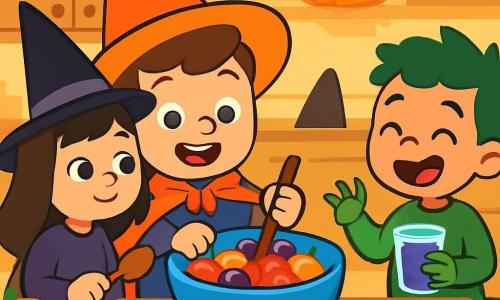 A 4-year-old boy named Max wears a shiny orange cape and a large pointed hat. He has sparkling eyes and a big smile as he mixes a fruit potion in a blue bowl. Next to him, Mia, a 5-year-old girl dressed as a witch in a purple dress and black hat, watches Max with curiosity, holding a wooden spoon. Ben, another 4-year-old boy with green monster claws and a wiggly tail, stands a bit back, laughing and holding a glass of potion. The scene takes place in a cozy kitchen decorated with string lights and smiling pumpkins. Bright colors illuminate the room, and autumn leaves are scattered on the table. Max, Mia, and Ben are preparing a magical fruit potion for Halloween, filled with red apples, juicy oranges, and purple grapes, creating a joyful and festive atmosphere.
