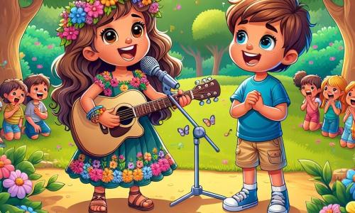 En un parque soleado, una niña llamada Sofía, de unos 12 años, está en el centro de la imagen, sonriendo y llena de alegría. Tiene el cabello largo y ondulado, un vestido colorido con flores y sostiene una guitarra acústica, con ojos brillantes de emoción mientras canta con pasión. A su lado, Lucas, un niño de 10 años, está de pie con una gran sonrisa. Tiene el cabello corto y castaño, lleva una camiseta azul y un pantalón corto beige, mirando a Sofía con admiración y también cantando, con los brazos ligeramente levantados como si compartiera su alegría con el mundo. El parque está lleno de flores de colores vivos, con majestuosos árboles que ofrecen sombra, y niños divirtiéndose al fondo, atraídos por la música. Mariposas vuelan a su alrededor, añadiendo un toque mágico a la escena. Sofía y Lucas están dando un pequeño concierto improvisado, rodeados de un grupo de personas que los aplauden, creando una atmósfera alegre y festiva.