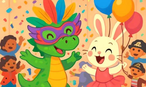 Milo, a small dragon with shiny green scales and sparkling eyes, wears a colorful mask with rainbow feathers. He dances with a big smile, surrounded by shimmering confetti. Pippa, a little bunny with big pink ears and soft fur, wears a bright pink tutu and has rosy cheeks. She joyfully laughs while jumping near Milo, holding colorful balloons. The scene takes place in the school's large hall, decorated with multicolored garlands, floating balloons, and twinkling lights. Children in various costumes dance and have fun around them, creating a festive and joyful atmosphere. Milo and Pippa participate in the carnival parade, surrounded by laughter and vibrant colors as clouds of confetti fall from the sky.