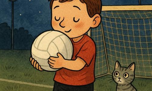 Um homem — Tomás — em pé ao centro, rosto suave e sorridente, olhos curiosos, cabelo curto castanho, camisa de futebol vermelha levemente amassada, calções pretos, segurando contra o peito uma grande bola branca com riscas cinzentas; um pequeno gato tigrado cinzento sentado junto ao poste direito da baliza, olhos verdes redondos, cauda enrolada, olhando Tomás e a bola; lua redonda e brilhante no alto à esquerda, semelhante a uma grande bola branca com textura suave e ligeiramente manchada; relvado verde-escuro desenhado a traços, linha branca da baliza visível, rede bege a ondular; atmosfera noturna calma, céu azul profundo com poucas estrelas, candeeiros apagados, luz suave e sombras longas; Tomás sussurrando 